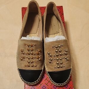 Tory Burch Beige and Black Espadrilles with Embellishments